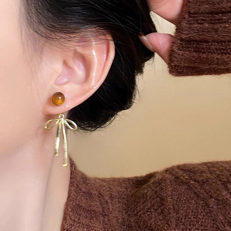 Bow Maillard Tiger Eye Stone Tassel Earrings A2700金